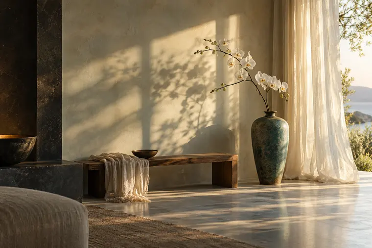 Quiet room with white orchids in morning light