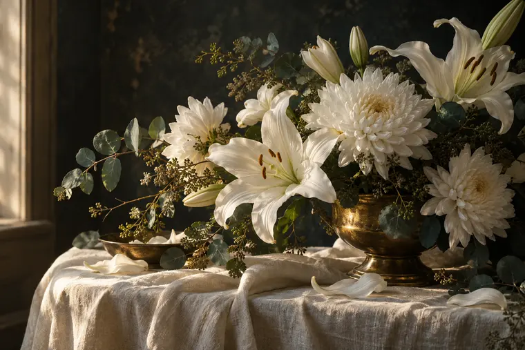 White chrysanthemums and lilies on ivory linen