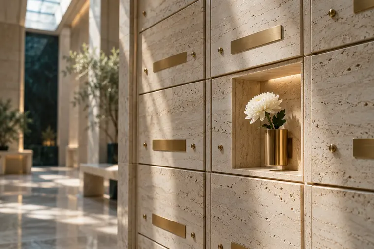 Travertine columbarium niches with a single white chrysanthemum