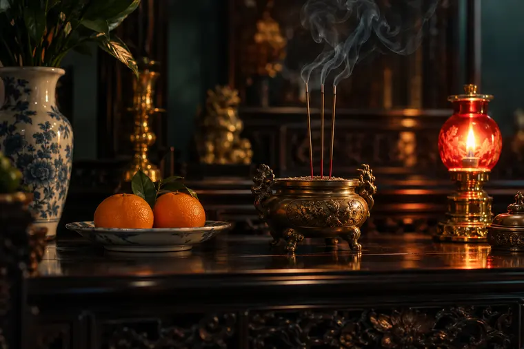 Ancestral altar with incense smoke and a glowing oil lamp
