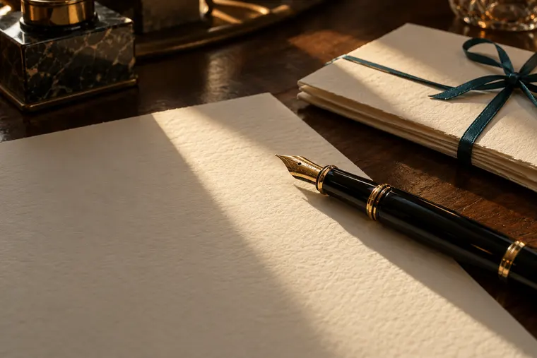 Fountain pen resting on cream paper beside a ribboned document