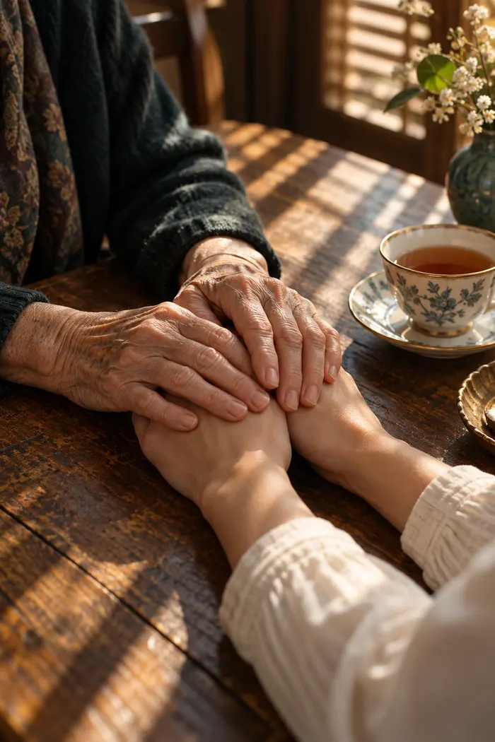 Elderly hands resting over younger hands beside a cup of tea